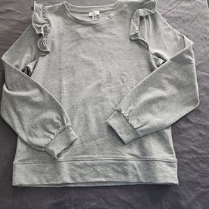 J CREW GRAY SWEATER RUFFLED SHOLDERS SILVER GLITTER WOMENS SMALL NWT